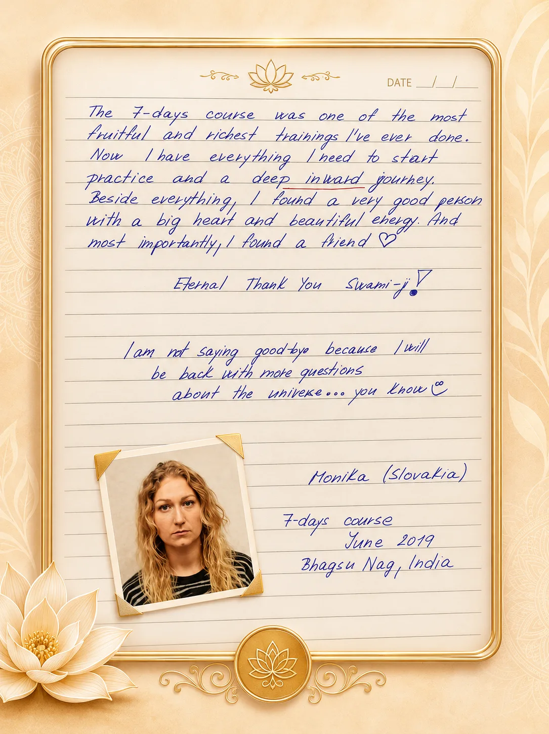 A handwritten letter in blue ink on lined paper, with a photograph of Monika below the text