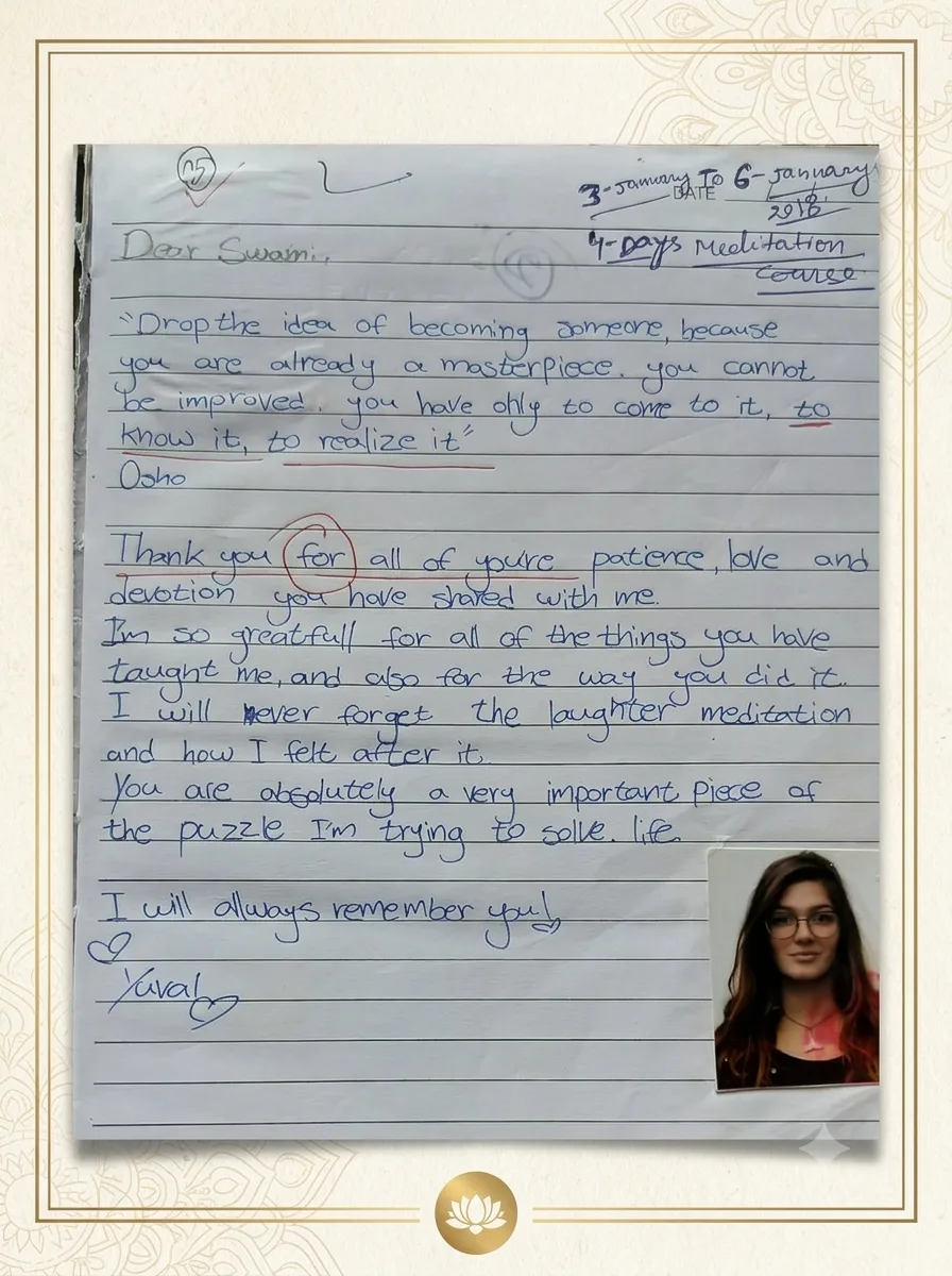 A handwritten letter opening with a quotation from Osho, with a photograph of Yuval in the lower corner