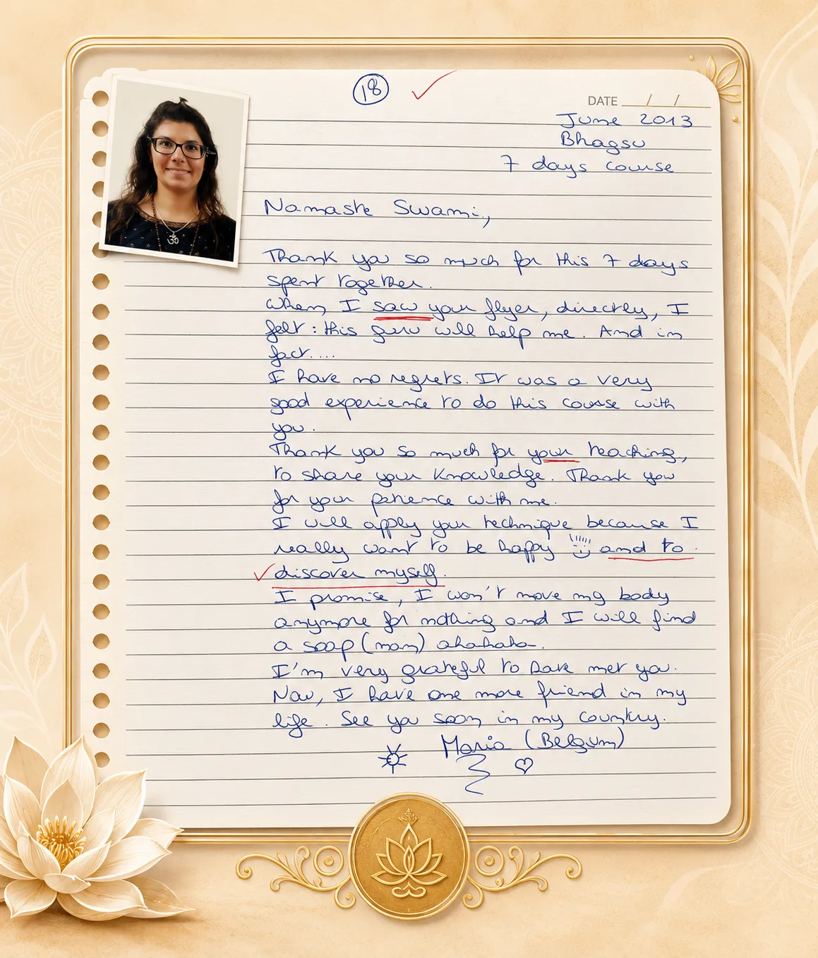 A handwritten letter in blue ink on lined paper, with a photograph of Maria at the top left