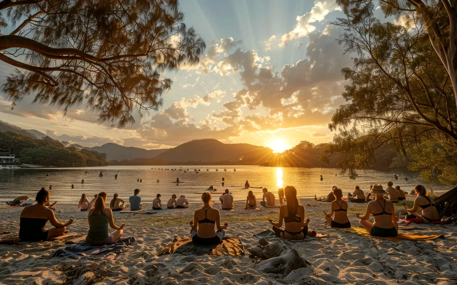 A group sitting together on a beach as the sun goes down